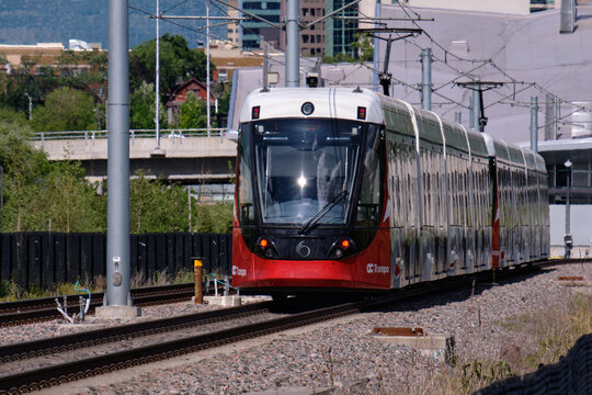 The O-Train line 1, An Alstom Citadis Spirit LRV, part of the light rail transit in Ottawa, Canada. June 23, 2021