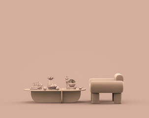 Single armchair and coffee table in monochrome single color rosy brown, pinkish color interior room with empty wall, 3d Rendering