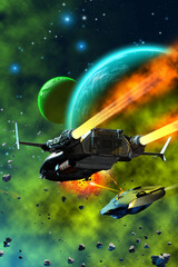 space Battle, spaceships fighting around a planetary system, 3d illustration