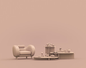 Single armchair and coffee table in monochrome single color rosy brown, pinkish color interior room with empty wall, 3d Rendering