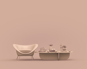 Single armchair and coffee table in monochrome single color rosy brown, pinkish color interior room with empty wall, 3d Rendering