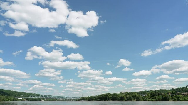 An extreme wide shot time lapse view of the summer sky over the Ohio River in Western Pennsylvania.  	