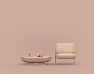 Fototapeta na wymiar Single armchair and coffee table in monochrome single color rosy brown, pinkish color interior room with empty wall, 3d Rendering
