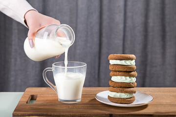 Milk jugs and cookies on gray background