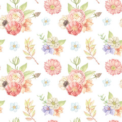 Watercolor floral seamless pattern with gentle field flowers, leaves, eucalyptus. Botanical bouquets with Ranunculus, lilies, gerberas. Perfect for fabric, packages, wrapping paper, textile, cards