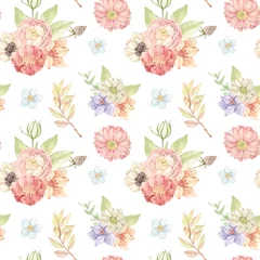 Gordijnen Watercolor floral seamless pattern with gentle field flowers, leaves, eucalyptus. Botanical bouquets with Ranunculus, lilies, gerberas. Perfect for fabric, packages, wrapping paper, textile, cards © Kate Macate