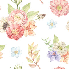 Watercolor floral seamless pattern with gentle field flowers, leaves, eucalyptus. Botanical bouquets with Ranunculus, lilies, gerberas. Perfect for fabric, packages, wrapping paper, textile, cards