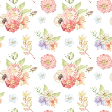Watercolor floral seamless pattern with gentle field flowers, leaves, eucalyptus. Botanical bouquets with Ranunculus, lilies, gerberas. Perfect for fabric, packages, wrapping paper, textile, cards