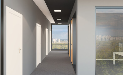 Modern office building interior. 3D rendering.
