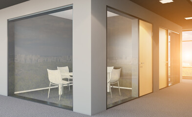 Modern office building interior. 3D rendering.. Sunset