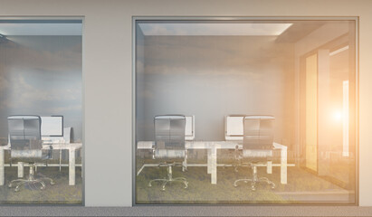 Elegant office interior. Mixed media. 3D rendering.. Sunset