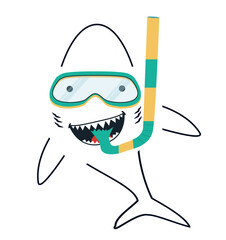 Cute White Shark  with diving equipment outline