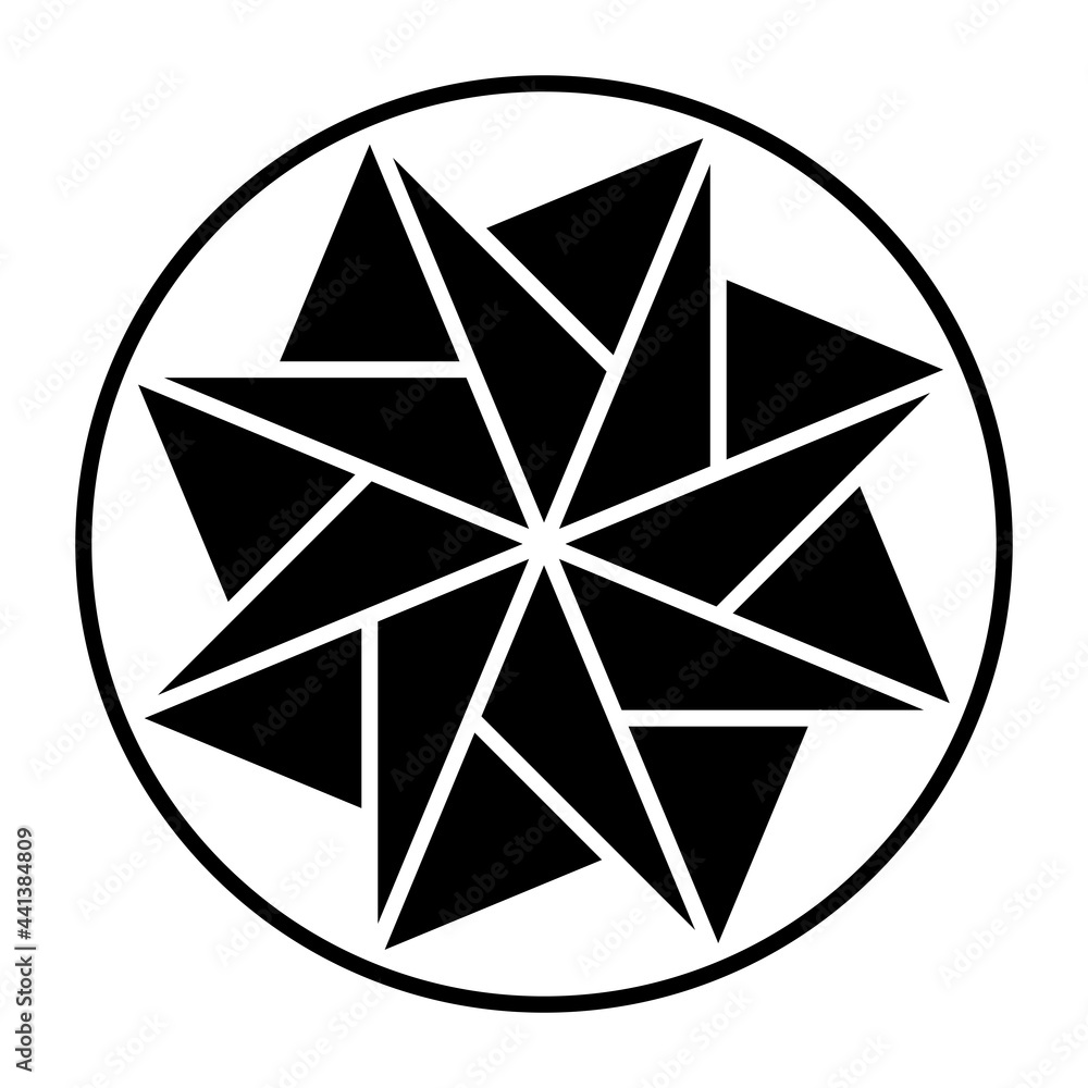 Poster eight-pointed star made of triangles, within a circle frame. pattern, formed by symmetric arranged t