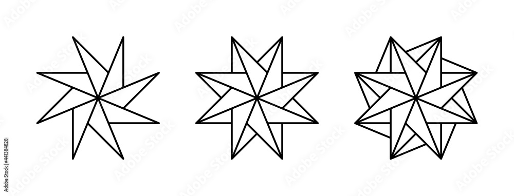Poster three pinwheel shaped eight-pointed stars. geometric patterns that create the impression of a rotati