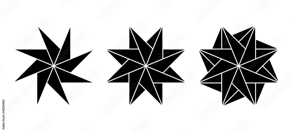 Wall mural pinwheel shaped eight-pointed stars made of triangles. geometric patterns create the impression of r