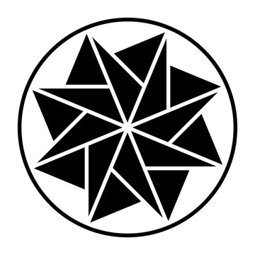 Eight-pointed star made of triangles, within a circle frame. Pattern, formed by symmetric arranged triangles. Mandala and symbol, modeled on a crop circle, found 2021 in England. Illustration. Vector.