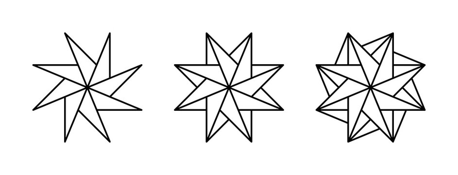 Three pinwheel shaped eight-pointed stars. Geometric patterns that create the impression of a rotation through the symmetrical arrangement of lines, similar to the curls of a spinning pinwheel. Vector