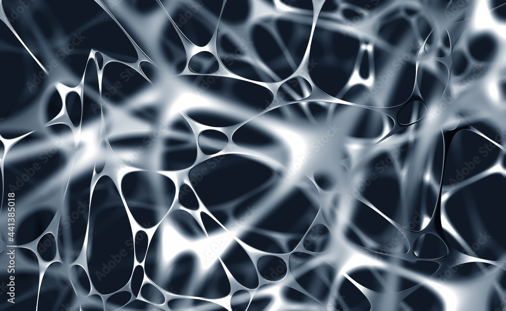 Poster White and black, monochrome. Brain and Mind. Artificial intelligence framework developed by a neural network. 3D illustration of nerve tissue and connections between neurons