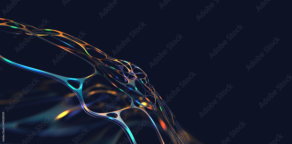 Poster Data stream. Neural network, artificial intelligence and digital business. 3D illustration of electrical impulses in a network of neural connections. Creative innovation in business start-up