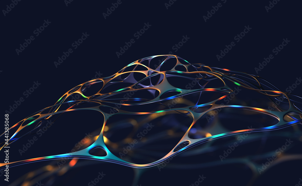 Poster Neural network, artificial intelligence and digital cyber abstraction. 3D illustration of electrical impulses in tissue of neural connections. Creative innovation in business start-up