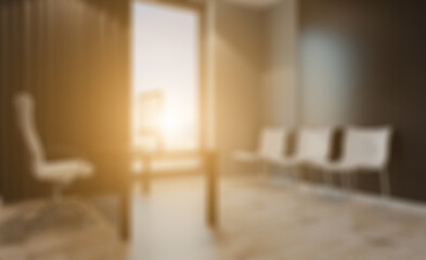 Bokeh blurred phototography.  Open space office interior with like conference room. Mockup. 3D