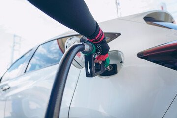 Woman service staff Handle pumping gasoline fuel nozzle to refuel.