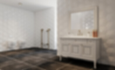Freestanding bath with towels in grey modern bathroom. 3D rendering.. Abstract blur phototography