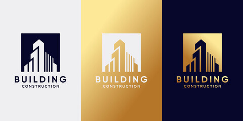 Building logo design with negatif concept and golden gradient style color. Inspiration, illustration logo for business construction