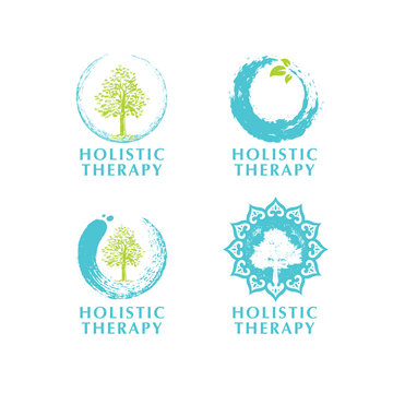 Holistic Therapy Zen Tree Sign Set. Natural Eco Friendly Medicine Vector Concept. Spa Banner 
