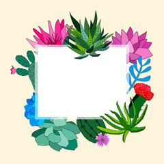 Fototapeta na wymiar Template for design with cacti and succulents. Set of hand drawn cacti and succulents. Spiny desert plants, cactus flowers and tropical plants.