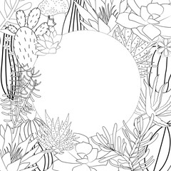 Template for design with cacti and succulents. Spiny desert plants, cactus flowers and tropical plants. Hand-drawn illustration in a sketch style.
