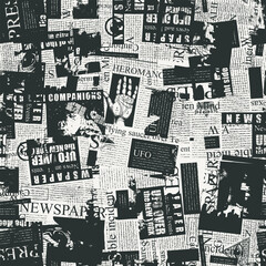 Black and white seamless pattern with chaotic layering of unreadable newspaper text, illustrations and titles. Monochrome vector background in modern style. Wallpaper, wrapping paper, fabric design