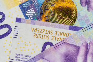one thousand swiss banknotes close up background