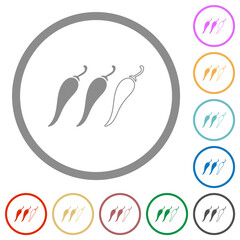 Spicy chili pepper level flat icons with outlines