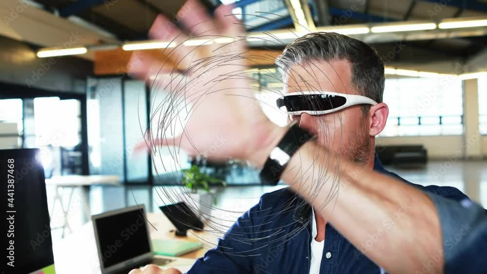 Poster Animation of network of connection with globe over businessman wearing vr headset