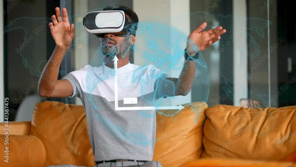 Poster animation of network of connection with globe and statistics over businessman wearing vr headset