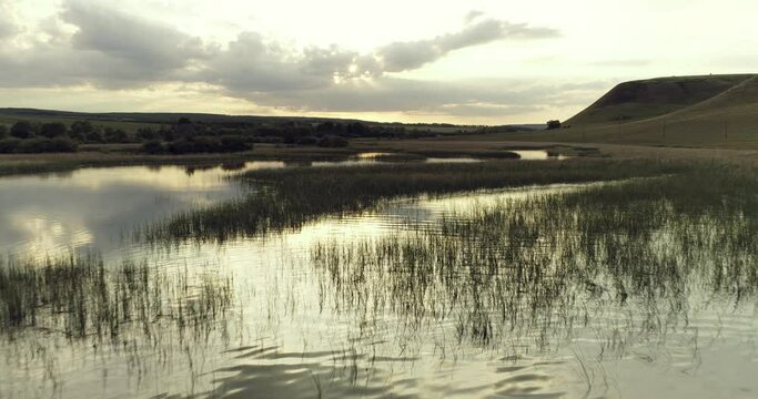 Source of the river with beauty calm swampy backwater with reeds and thickets and bald hills background. Aerial above drone wide view at summer evening sky.