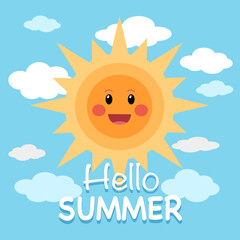 Cartoon sun smiling with blue sky on background. Hello summer concept vector illustration.