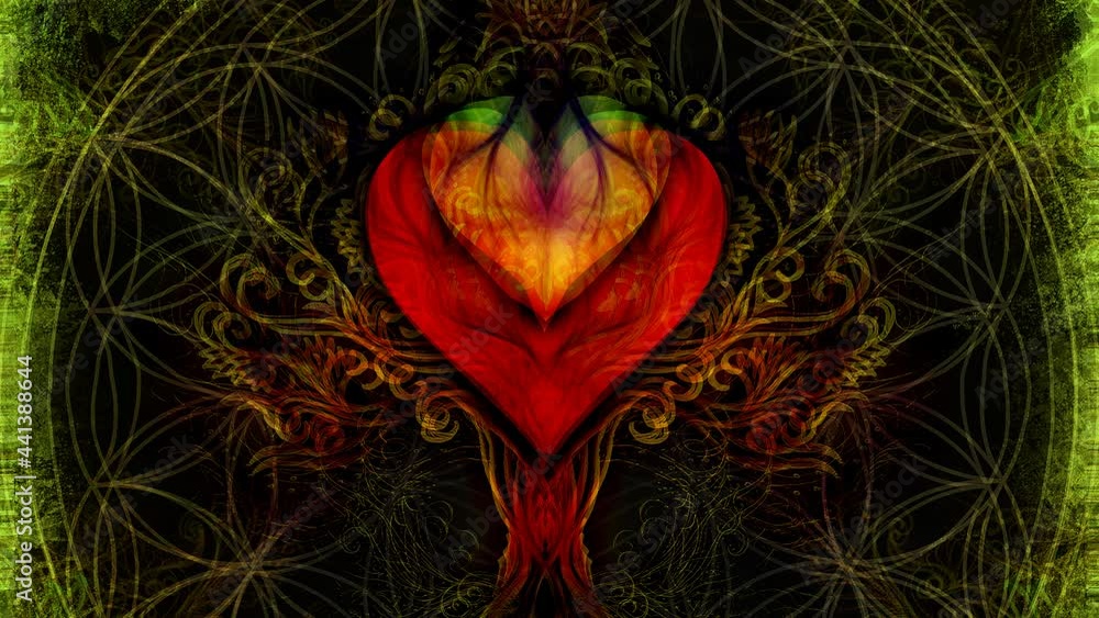 Poster tree of life symbol on structured ornamental background with heart shape, flower of life pattern, yg