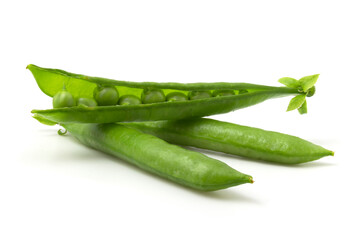 Isolated green pea pods on a white background. Beans in an open pod.