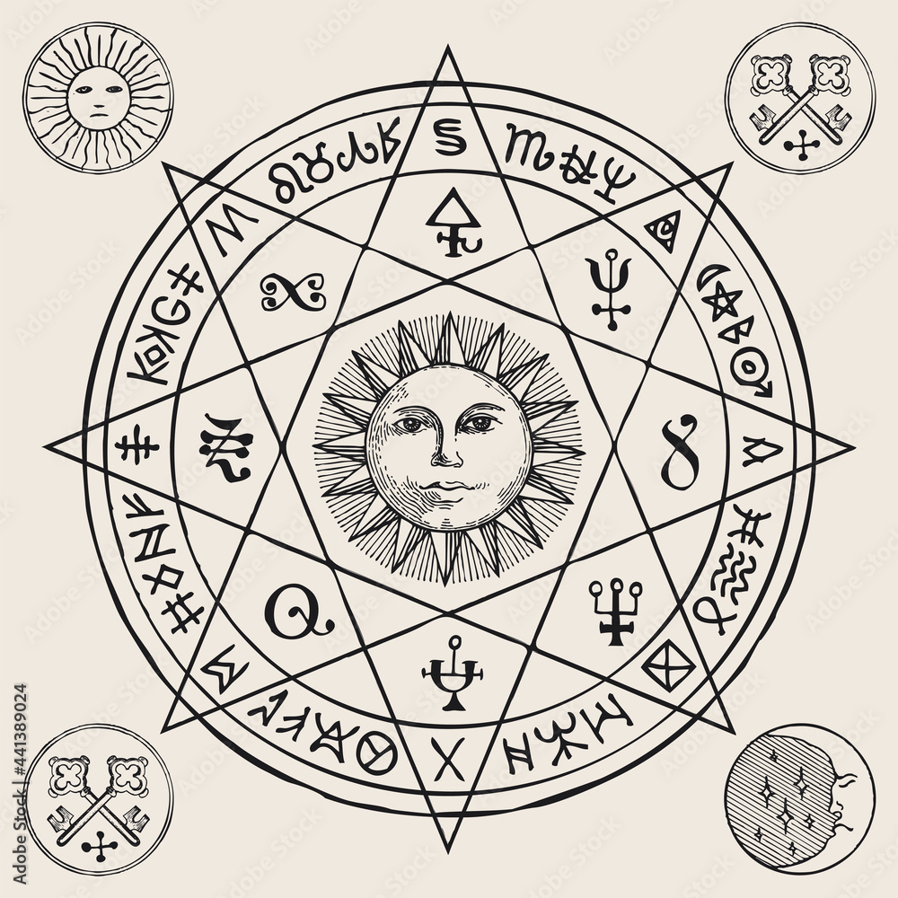 Wall mural hand-drawn illustration with the sun inside an octagonal star and esoteric symbols on an old paper b