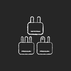 Obraz premium Travel adapter chalk white icon on dark background. Universal plug for airplane passenger. Portable amenities. Travel size objects. Isolated vector chalkboard illustration on black