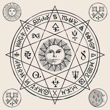 Hand-drawn illustration with the Sun inside an octagonal star and esoteric symbols on an old paper background. Vector banner or amulet in retro style in the form of a circle with magic runes and signs