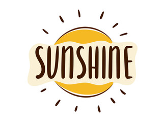 Simple isolated doodle line art sticker. Illustration with the inscription sunlight and sun with rays. Hand lettering or handwriting on a summer theme.