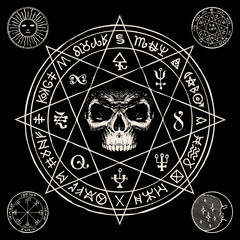 Hand-drawn illustration with a sinister human skull inside an octagonal star and esoteric symbols on a black background. Vector banner or amulet in form of circle with witchcraft signs and magic runes