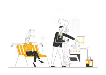 Relaxed woman watching a man cooking in the kitchen. Limited colour flat vector.