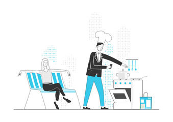 Relaxed woman watching a man cooking in the kitchen. Limited colour flat vector.