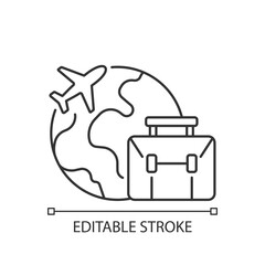Business travel linear icon. Fly abroad for work meeting. International journey. Tourism industry. Thin line customizable illustration. Contour symbol. Vector isolated outline drawing. Editable stroke