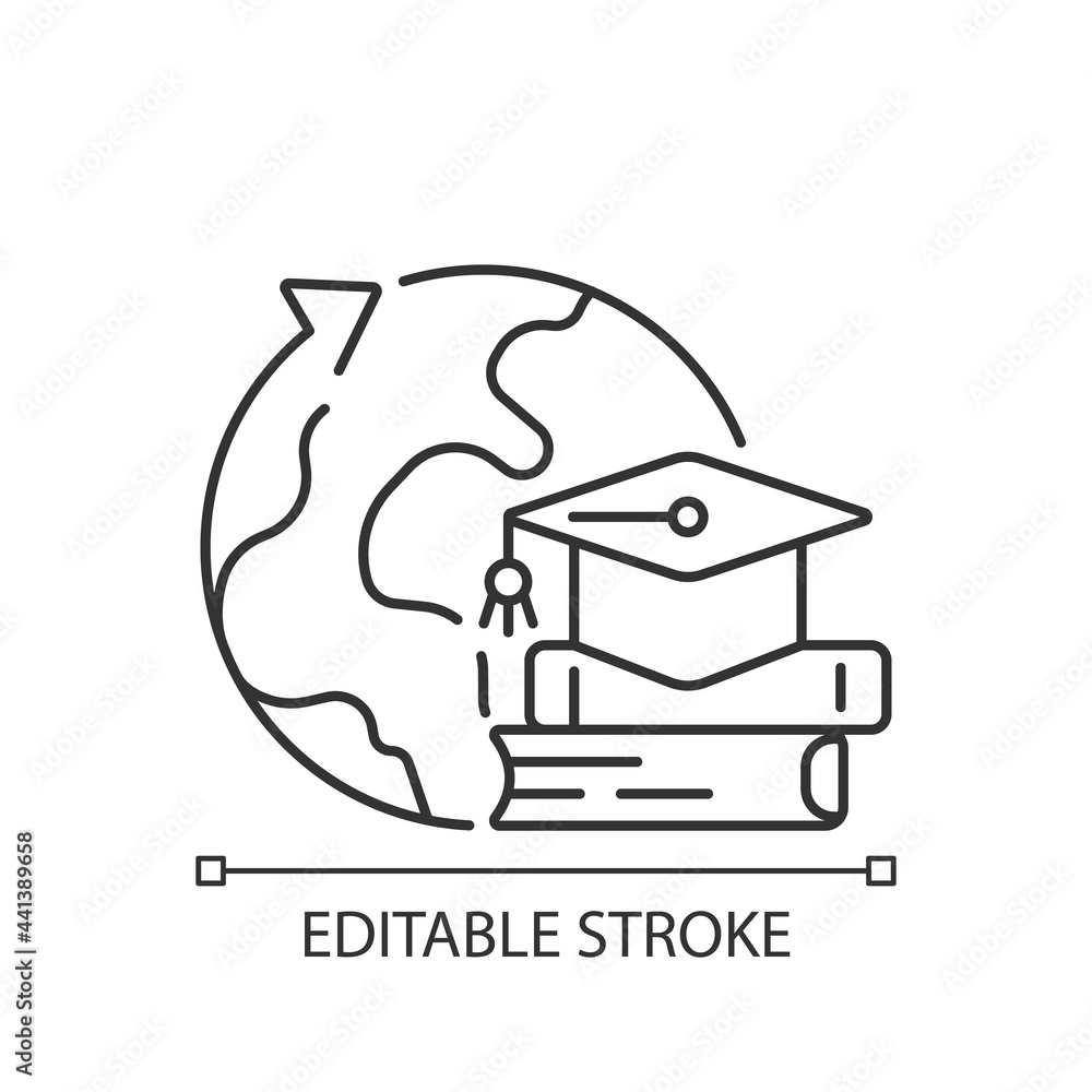 Poster student exchange programme linear icon. flight for university education. international trip. thin li