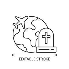 Tombstone tourism linear icon. Cemetery exploration enthusiast traveller. Fly abroad for funeral. Thin line customizable illustration. Contour symbol. Vector isolated outline drawing. Editable stroke